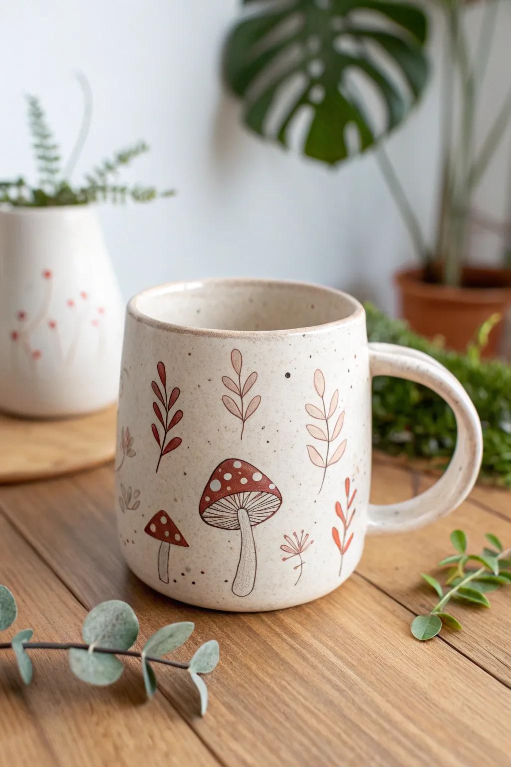 Enjoy peaceful moments with nature-inspired clay mugs featuring delicate floral and mushroom designs.