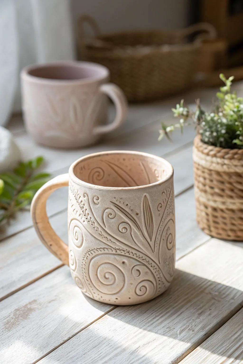 Add a whimsical flair to your mugs with swirling clay art designs.