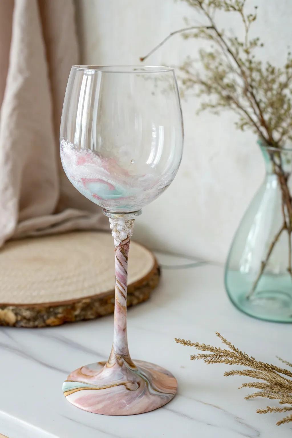 Transform your wine glass stems with a marble epoxy design for a sophisticated touch.