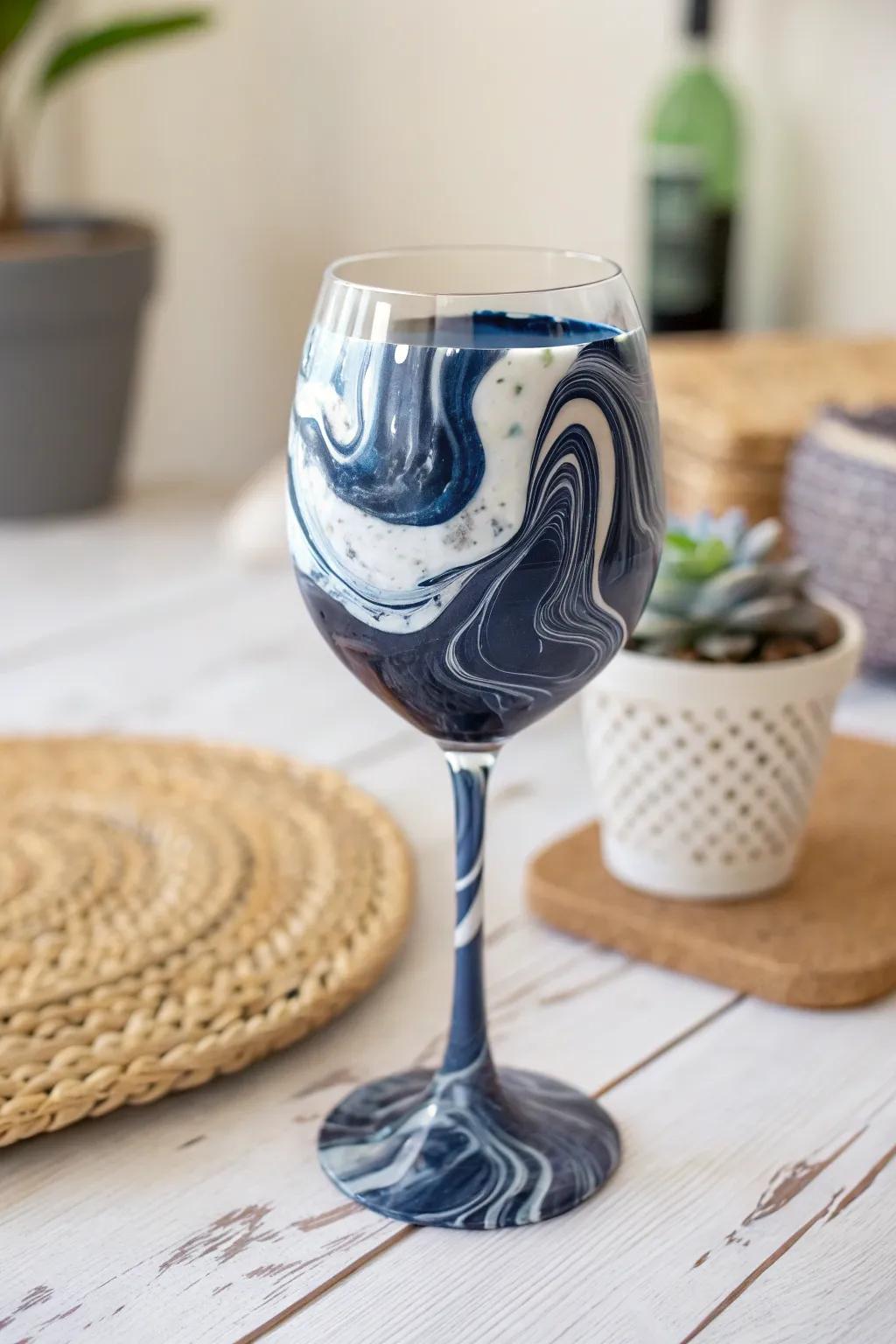 Elevate your wine glass with a classic marble epoxy design for a refined look.