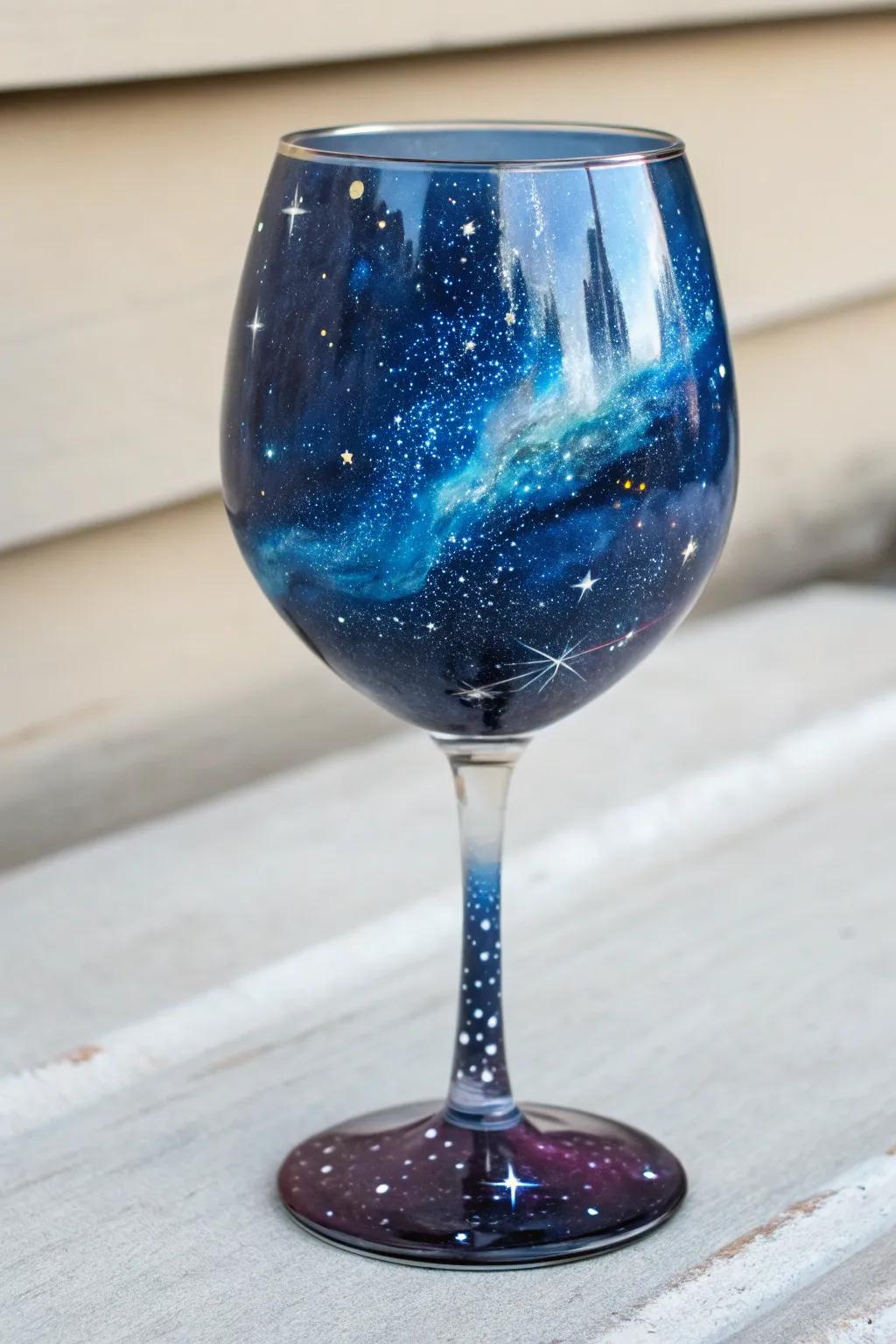 Experience the night sky in your hand with a galaxy-themed epoxy wine glass.