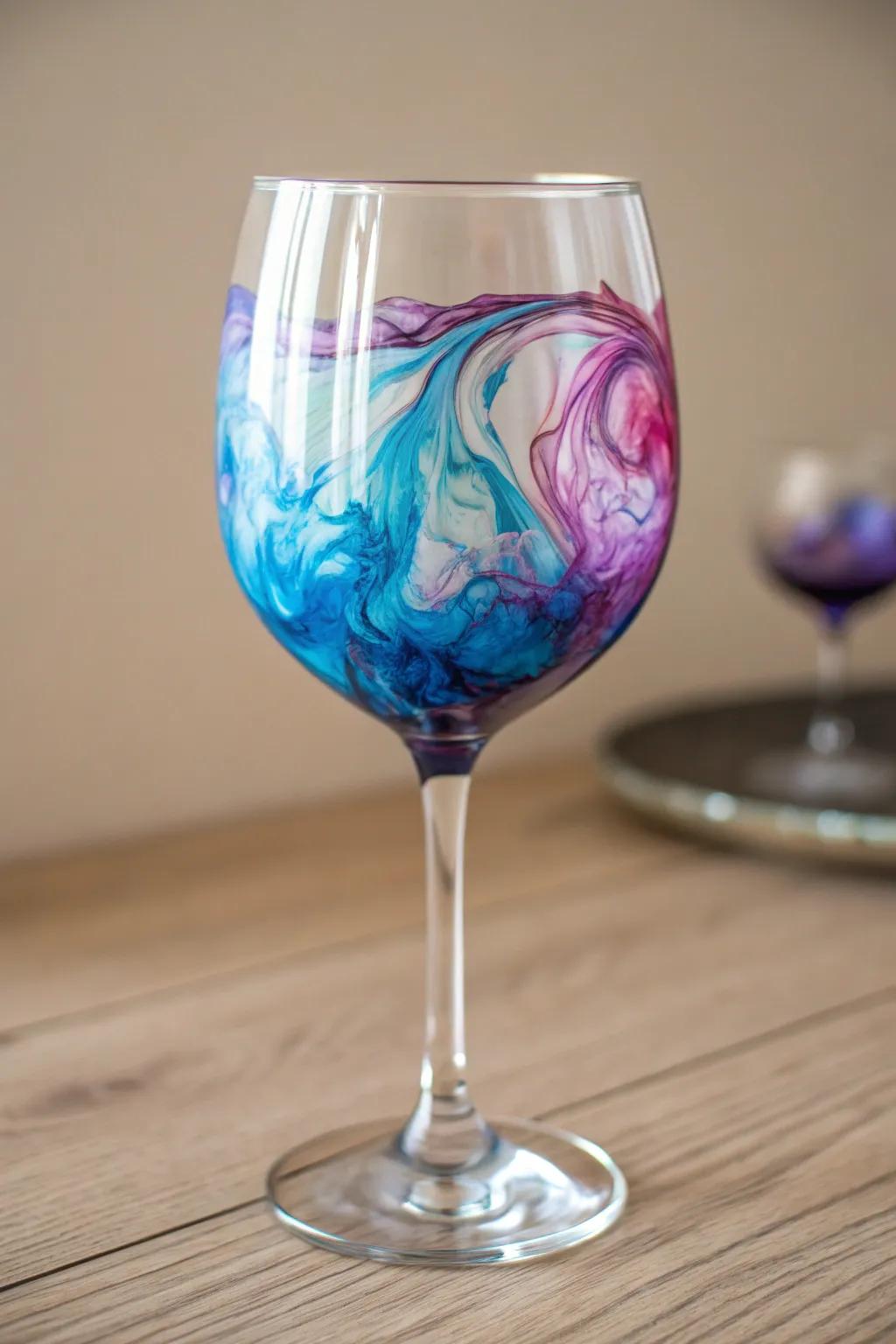 Enjoy vibrant, swirling epoxy designs that turn wine glasses into art pieces.