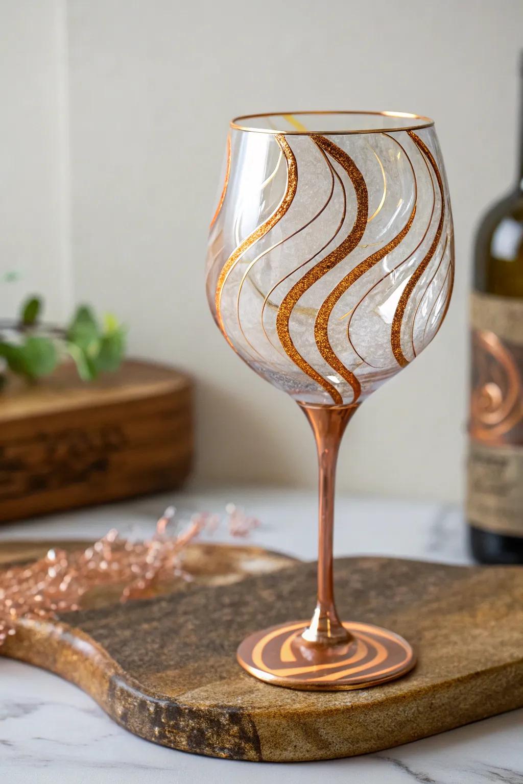 Elevate your wine glasses with metallic epoxy designs that exude opulence and style.