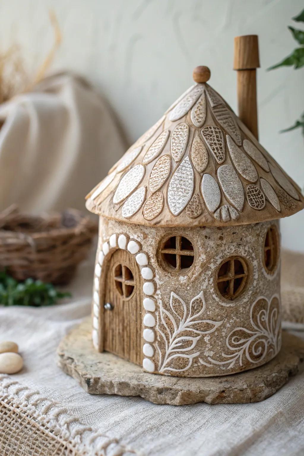 Explore the magic of textured clay walls in this charming fairy house design.