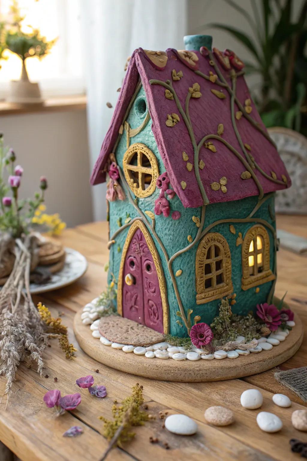 Dive into a colorful fantasy world with this vibrant clay fairy house.