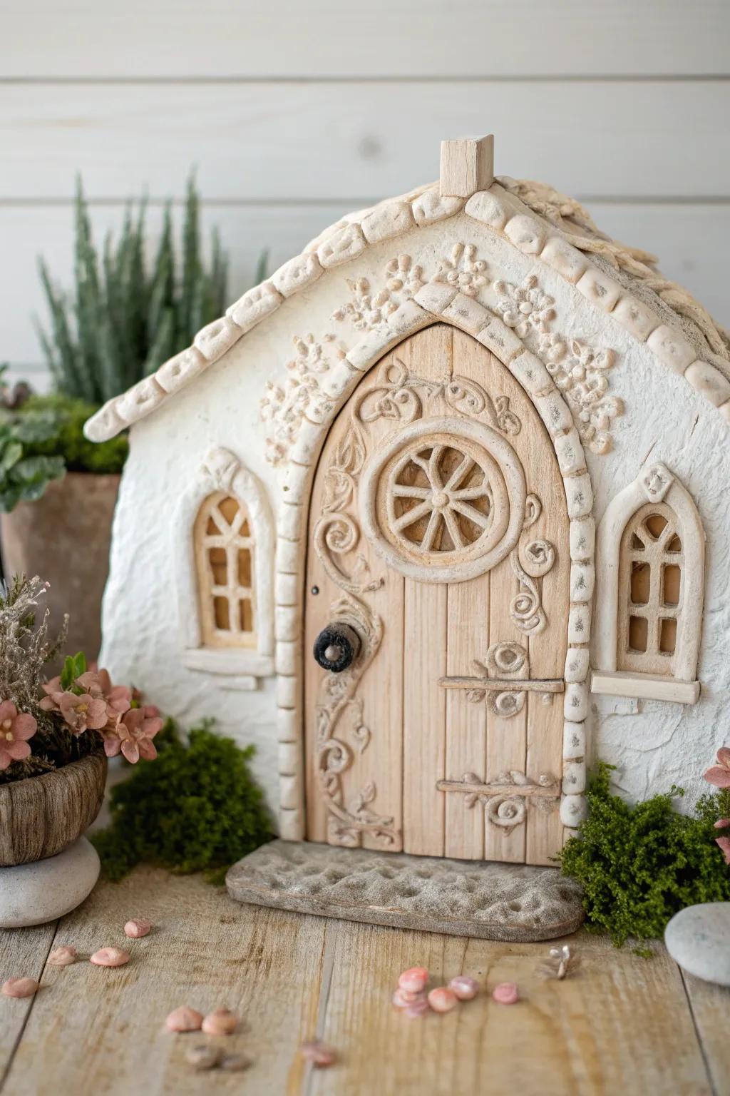 Delight in the fine details of a tiny fairy door, crafted with care and precision.