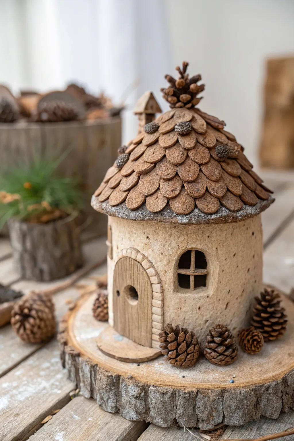 Add rustic charm with a pinecone-topped fairy house, blending nature and whimsy.