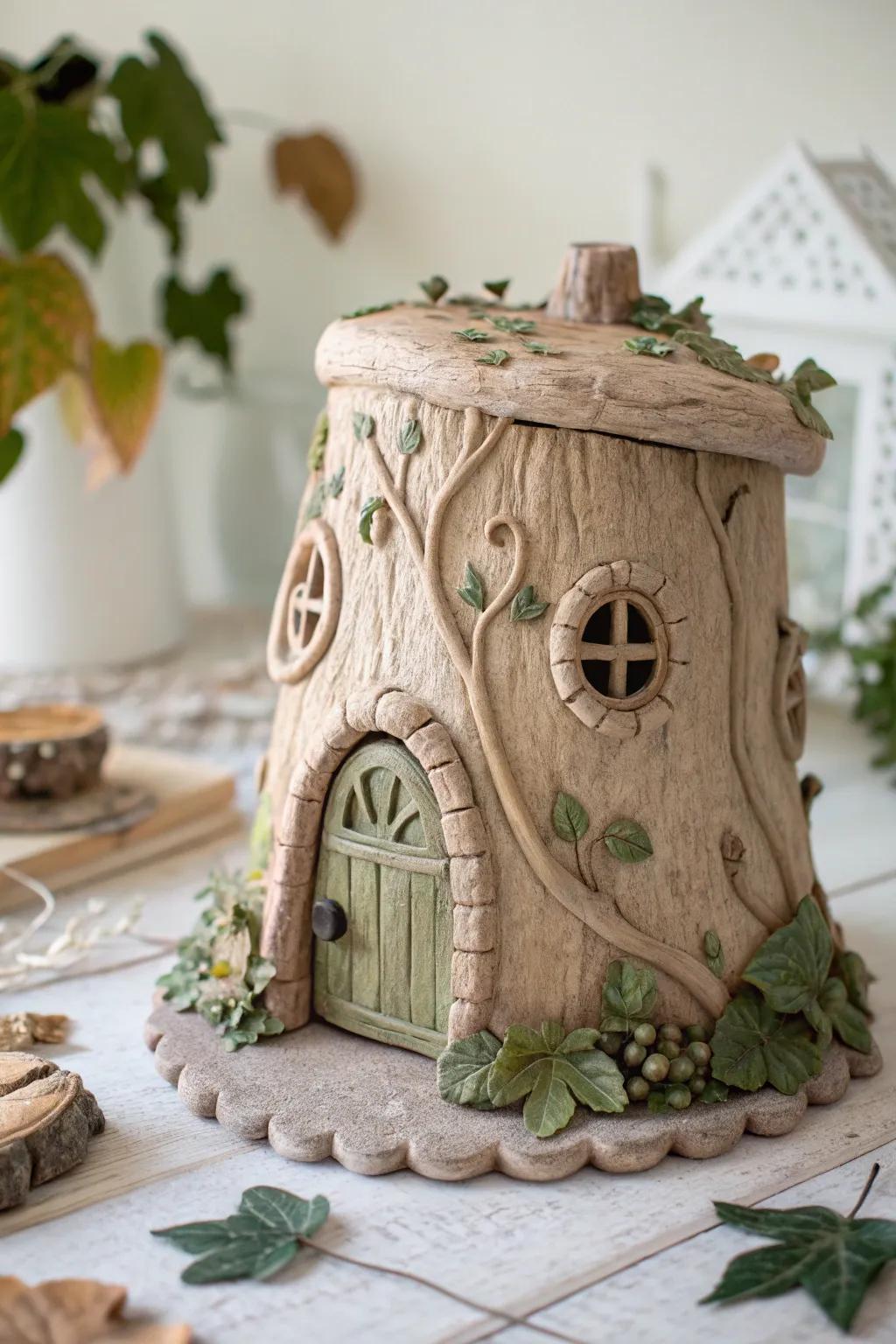 Celebrate nature's beauty with a fairy house crafted to resemble a tree stump.