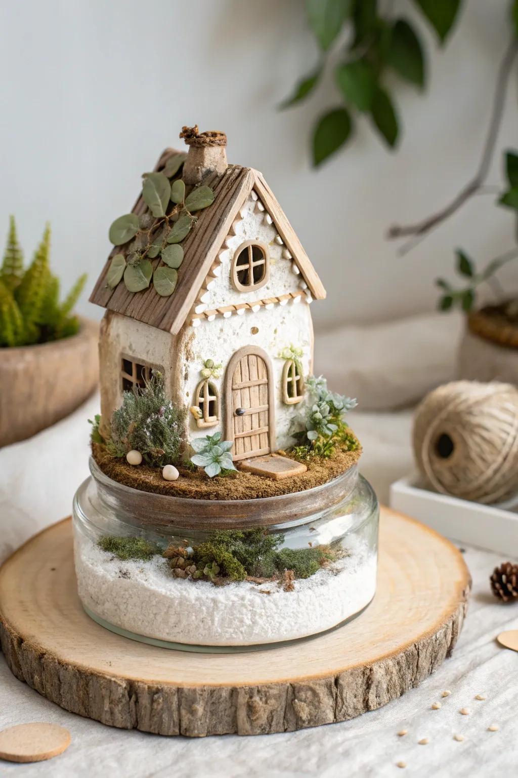 Transform a jar lid into a whimsical fairy house base, combining recycling with creativity.