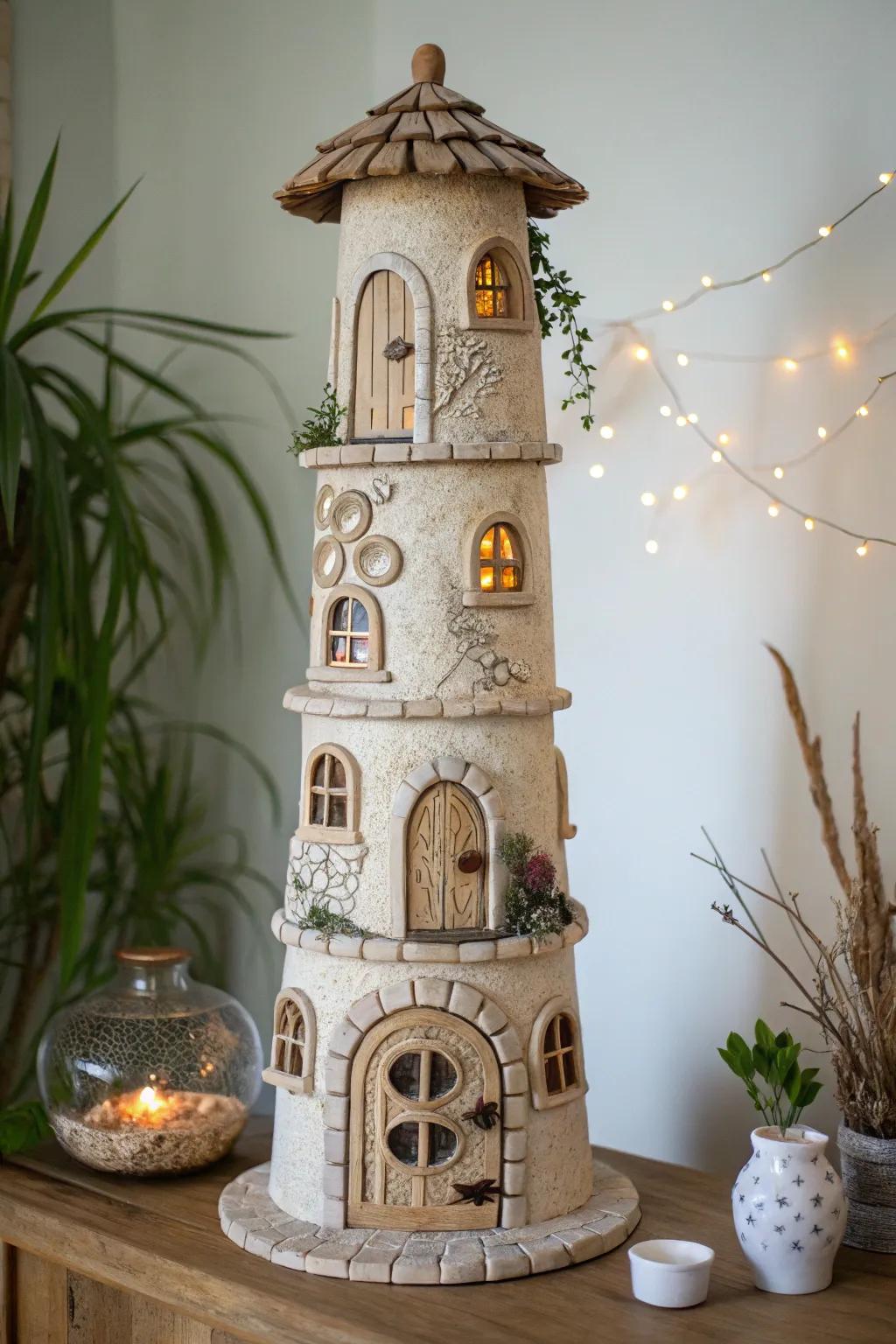 Elevate your fairy village with a tall, elegant clay tower that captures fantasy charm.