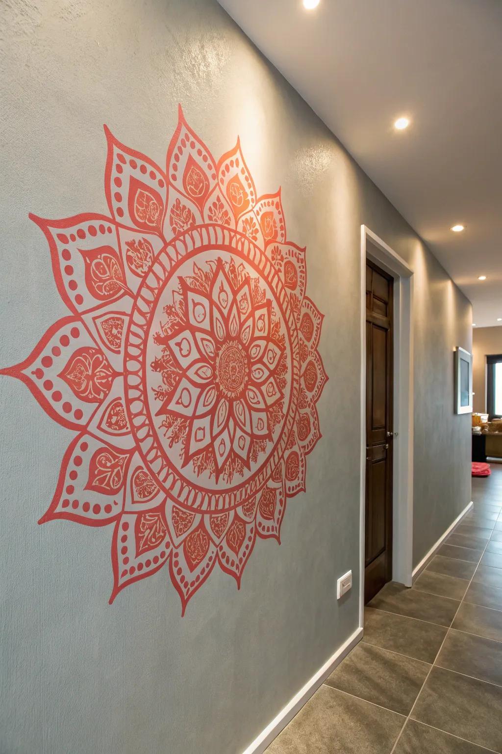 Create a striking contrast with vibrant coral against a soft gray backdrop for a modern boho look.