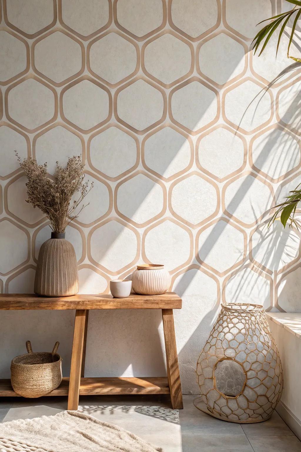 Turn your walls into contemporary art with geometric stencil patterns like hexagons and triangles.