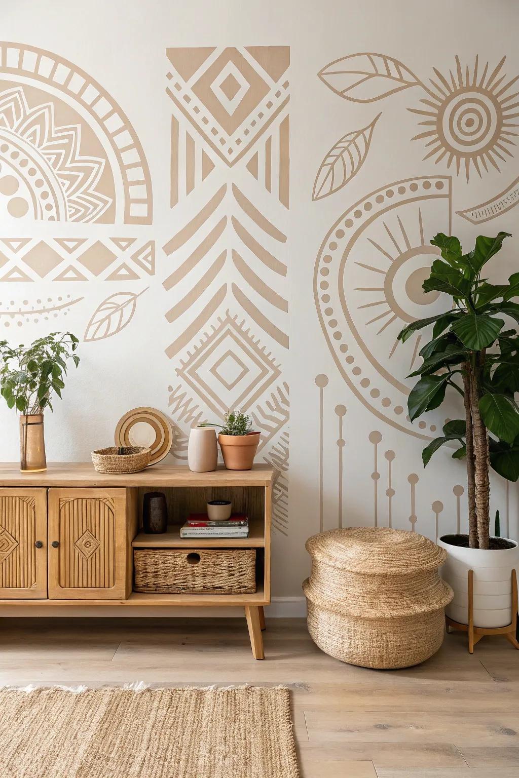 Add a sophisticated touch with abstract stencil art that elevates your space's aesthetic.