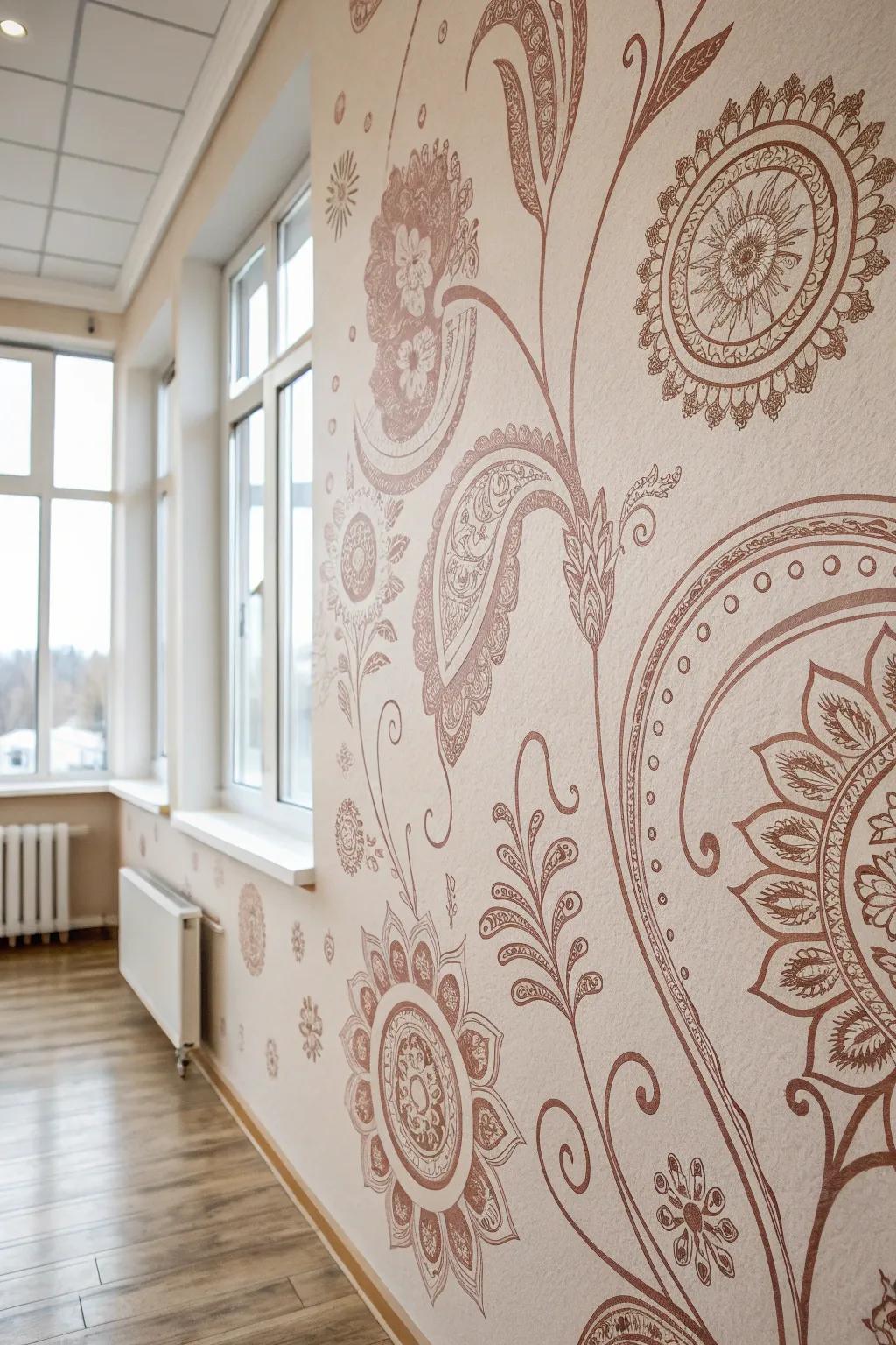 Create a boho-chic atmosphere by blending paisley and floral stencil designs.