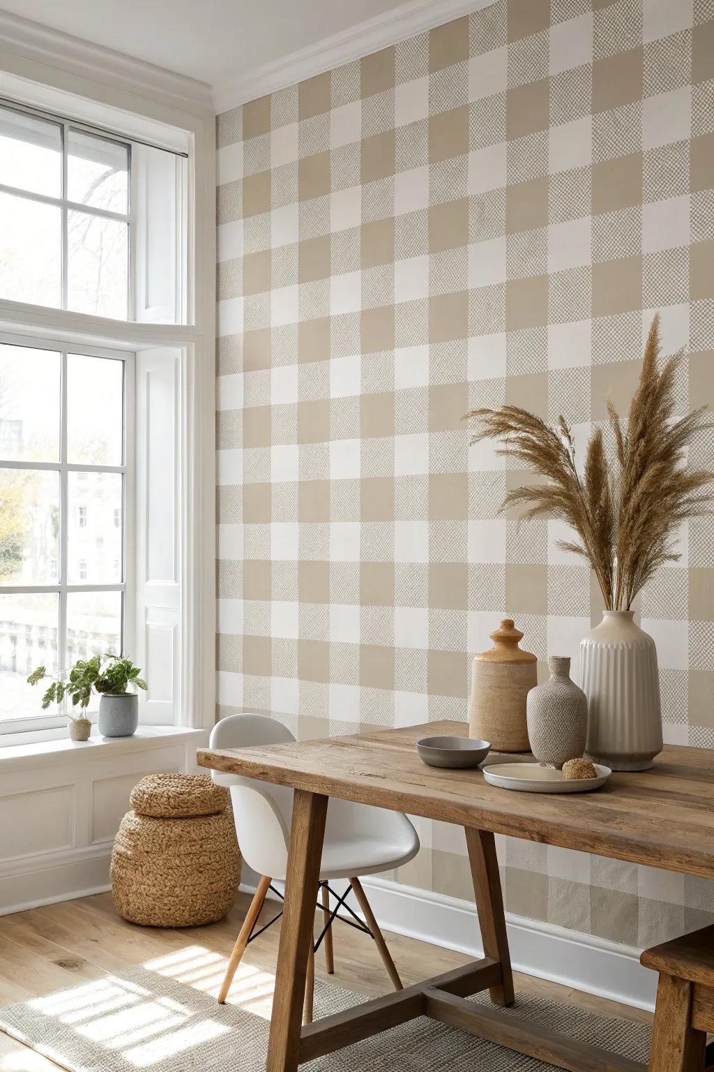 Add warmth and rustic appeal with buffalo check and wood grain stencil patterns.