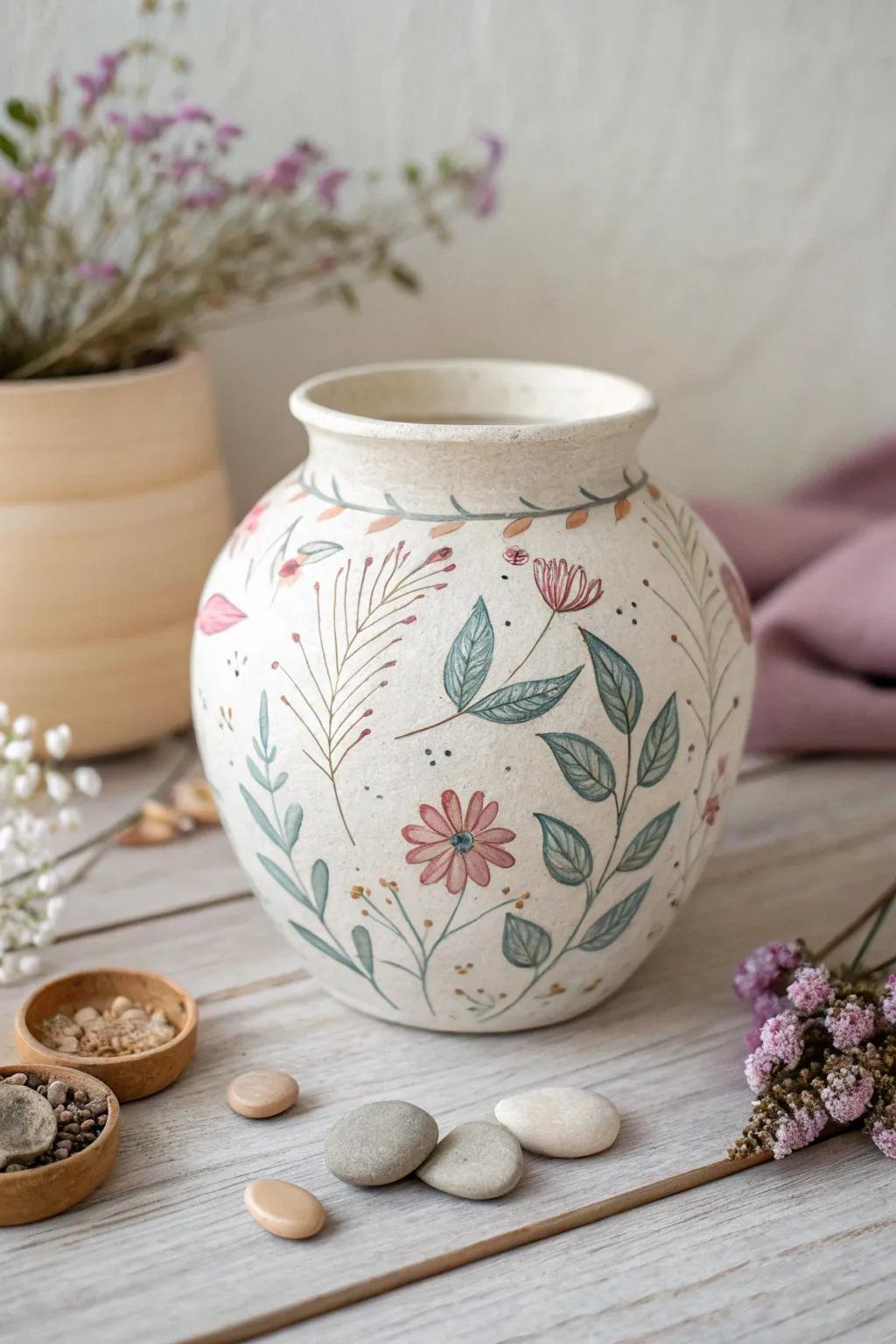 Celebrate spring's freshness with delicate floral patterns on your clay pots.