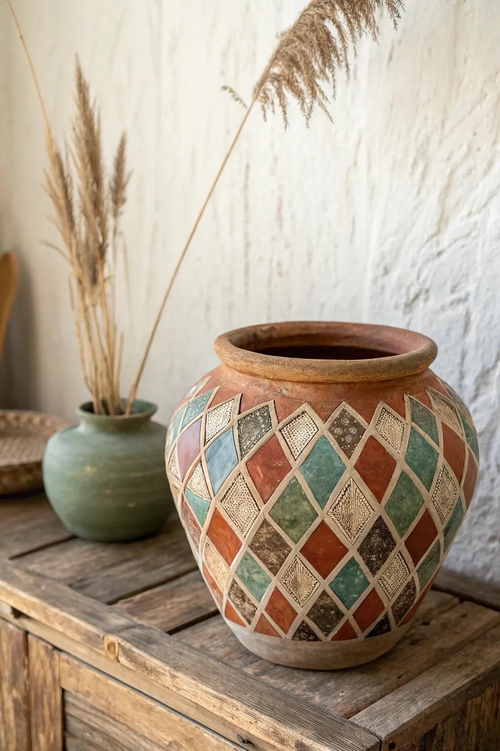 Create a mosaic effect on your clay pot with tiny painted tiles for a stunning visual impact.