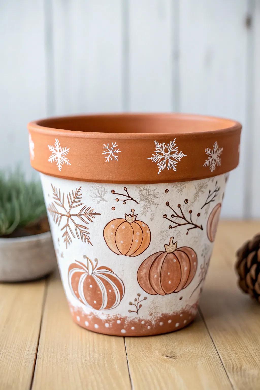Capture the essence of each season with themed clay pot designs, from autumn leaves to winter snowflakes.