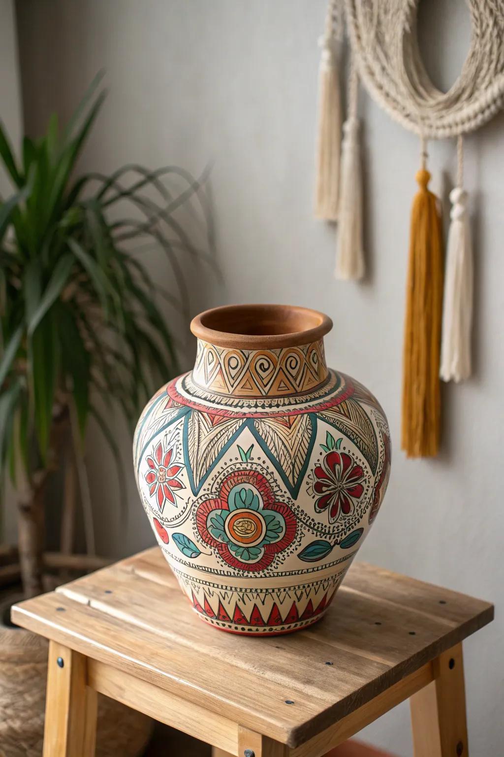 Add worldly charm to your space with hand-painted cultural patterns on clay pots.