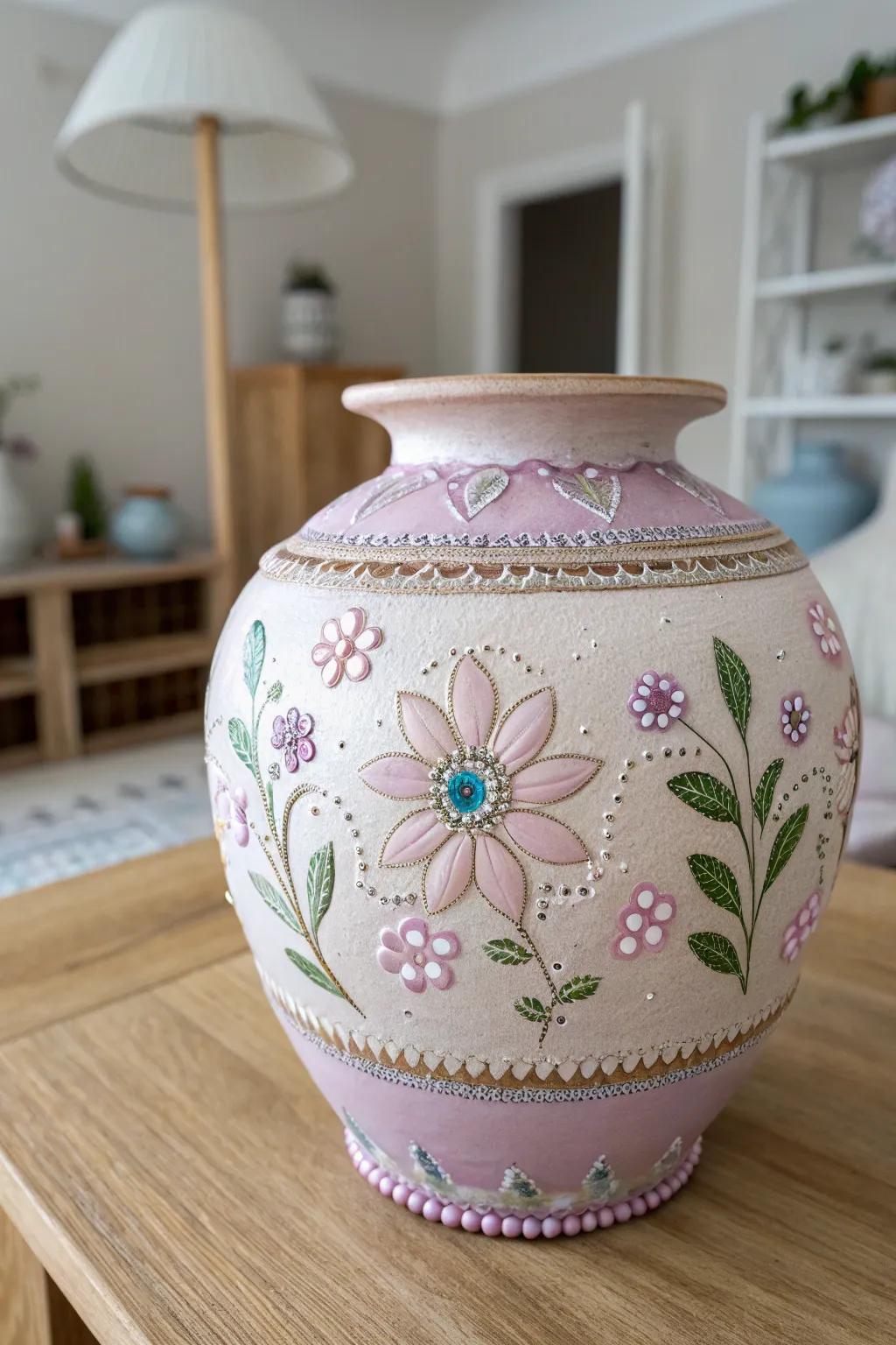 Combine paint with decorative elements like beads and jewels for a unique clay pot design.