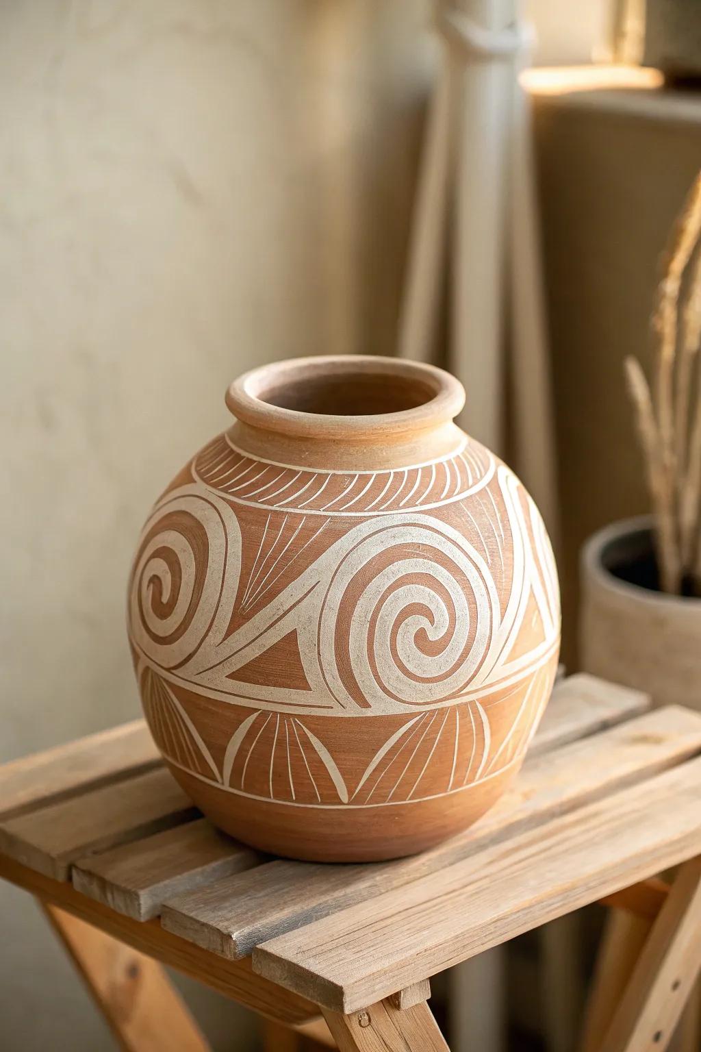 Explore abstract designs on clay pots for a modern artistic touch.