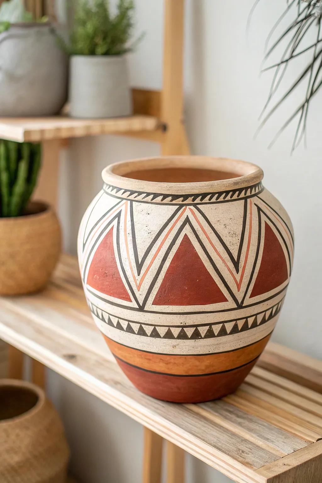 Add a contemporary edge with geometric shapes painted on clay pots.