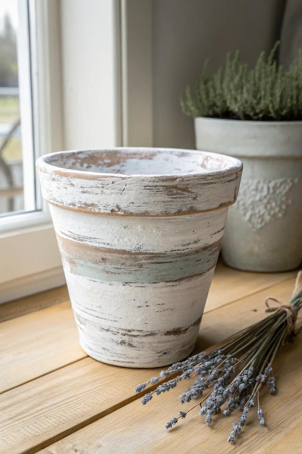 Achieve a charming rustic look with distressed chalk paint finishes on clay pots.