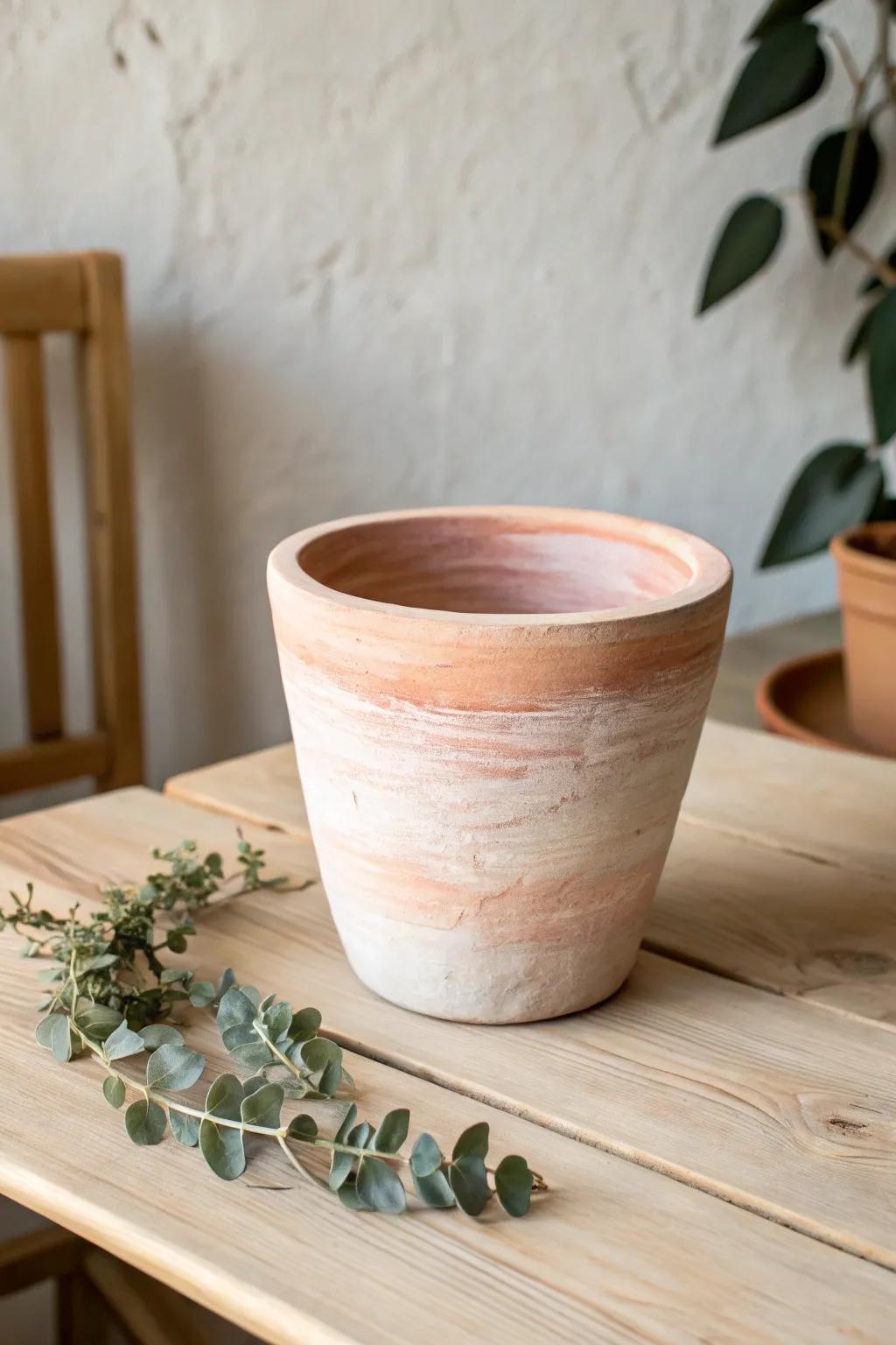 Highlight the natural beauty of terracotta with subtle washes of color on your clay pots.