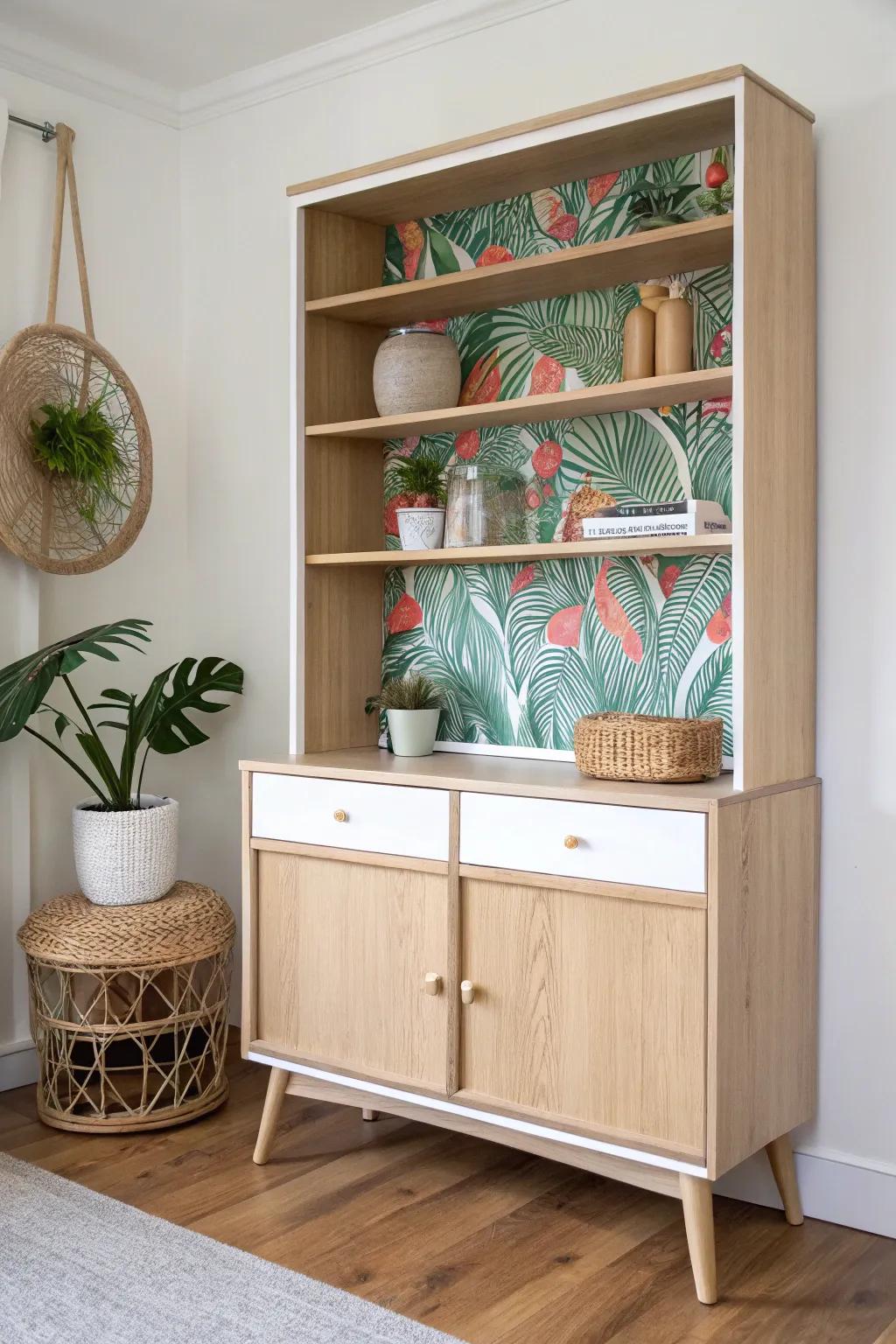Add tropical wallpaper to furniture for a fresh, exotic vibe.