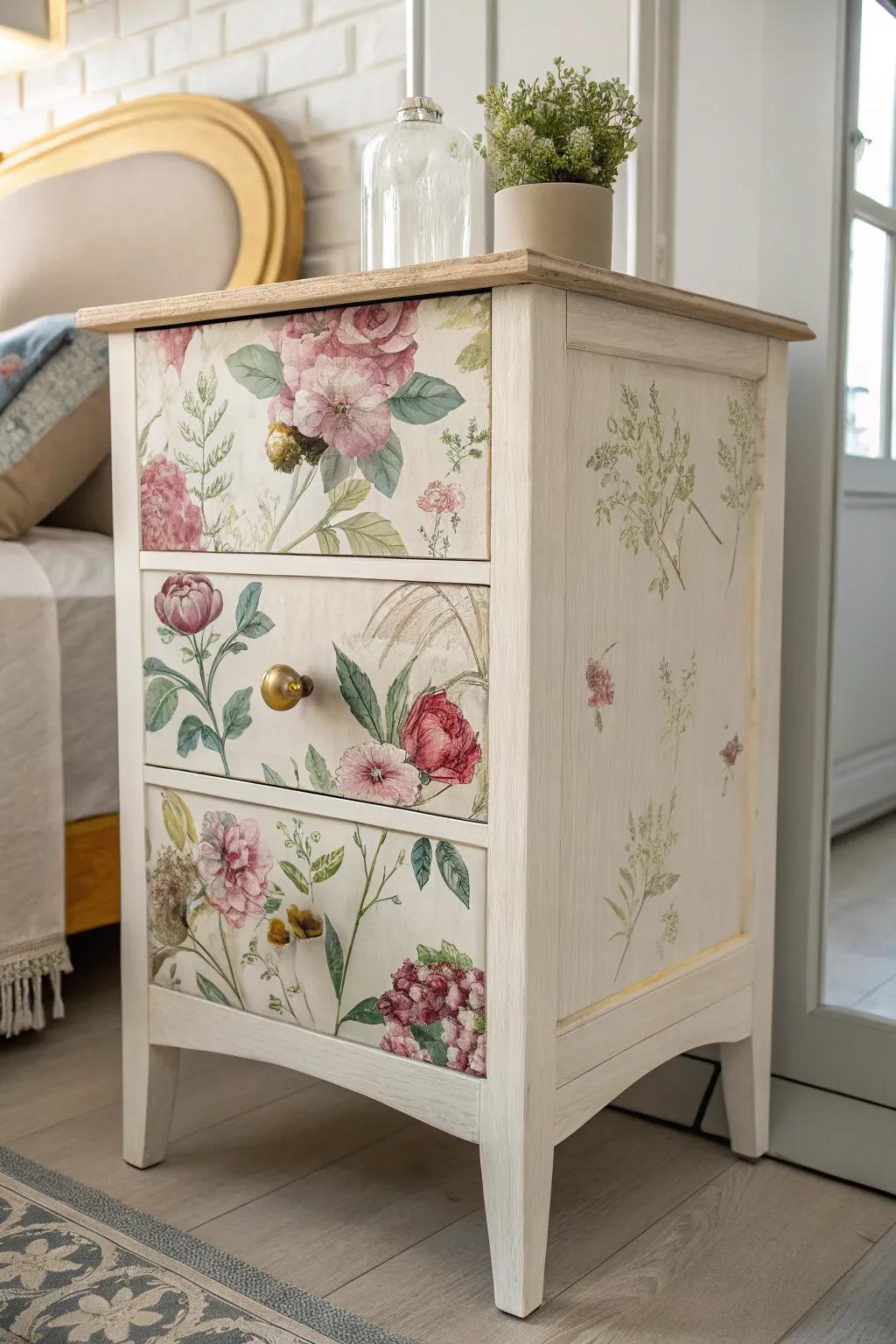 Turn furniture into art with decoupage techniques using decorative paper.