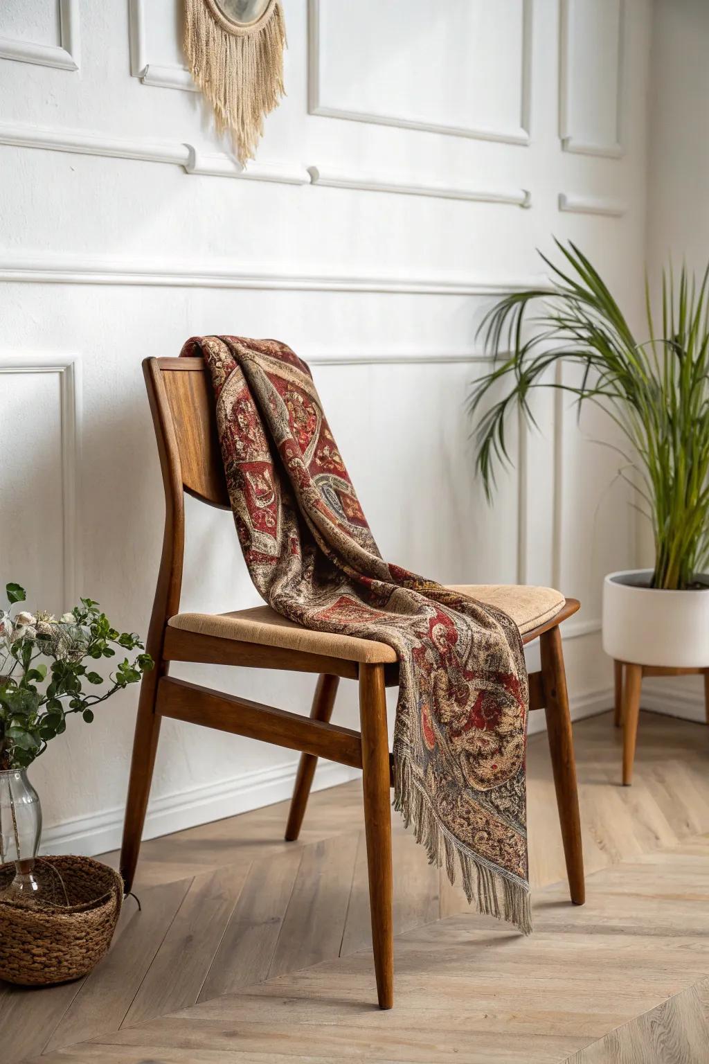 Reupholster furniture with unique fabrics like vintage scarves for charm.