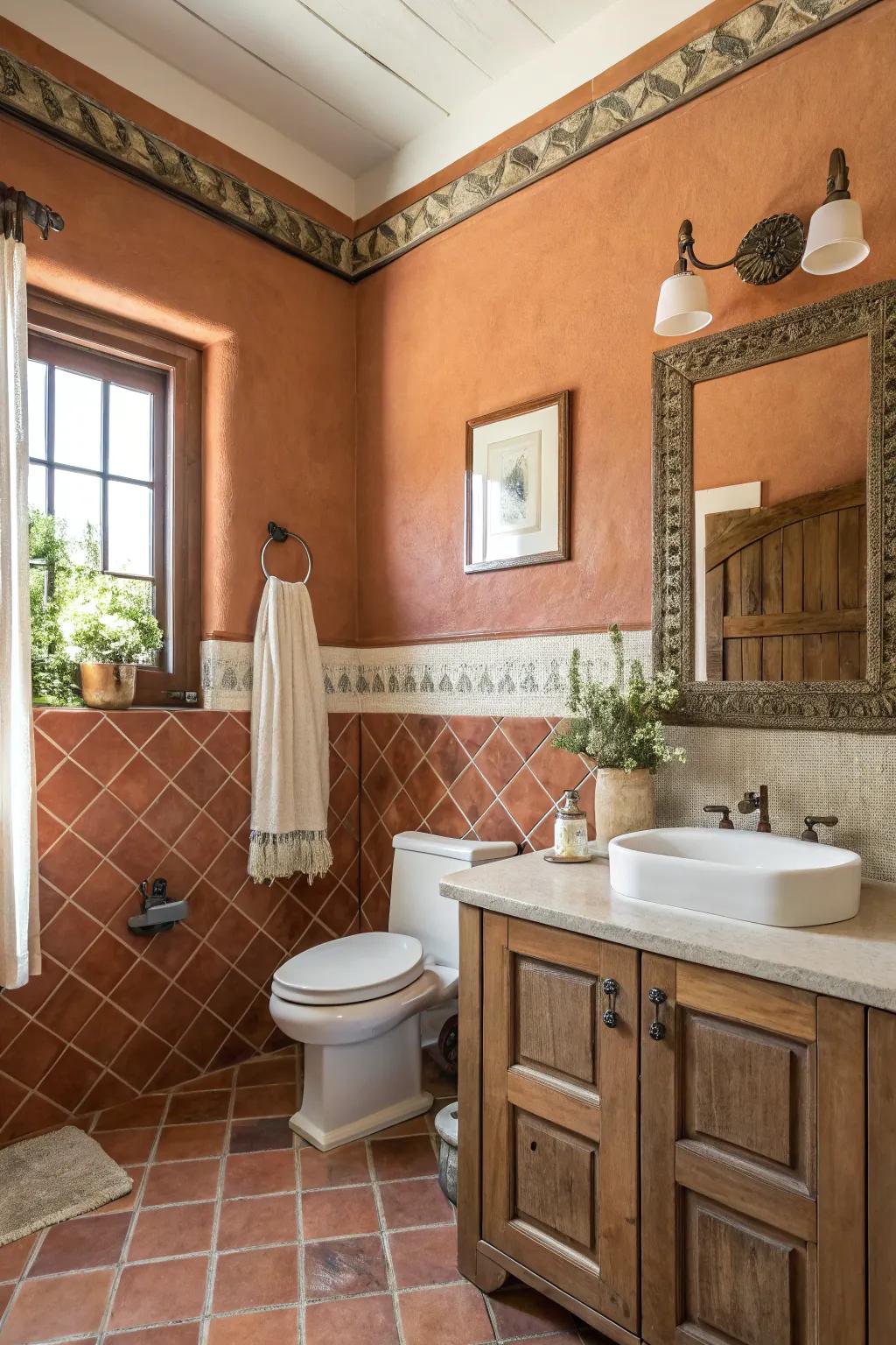 A cozy bathroom with a terra cotta painted accent wall.