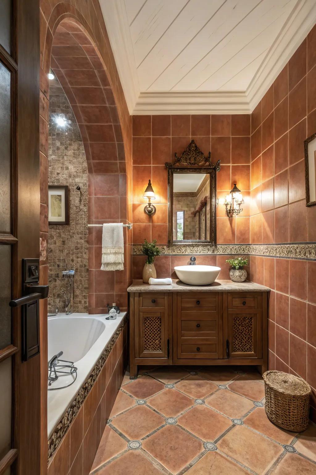 Half-height terra cotta tiles adding texture and warmth.
