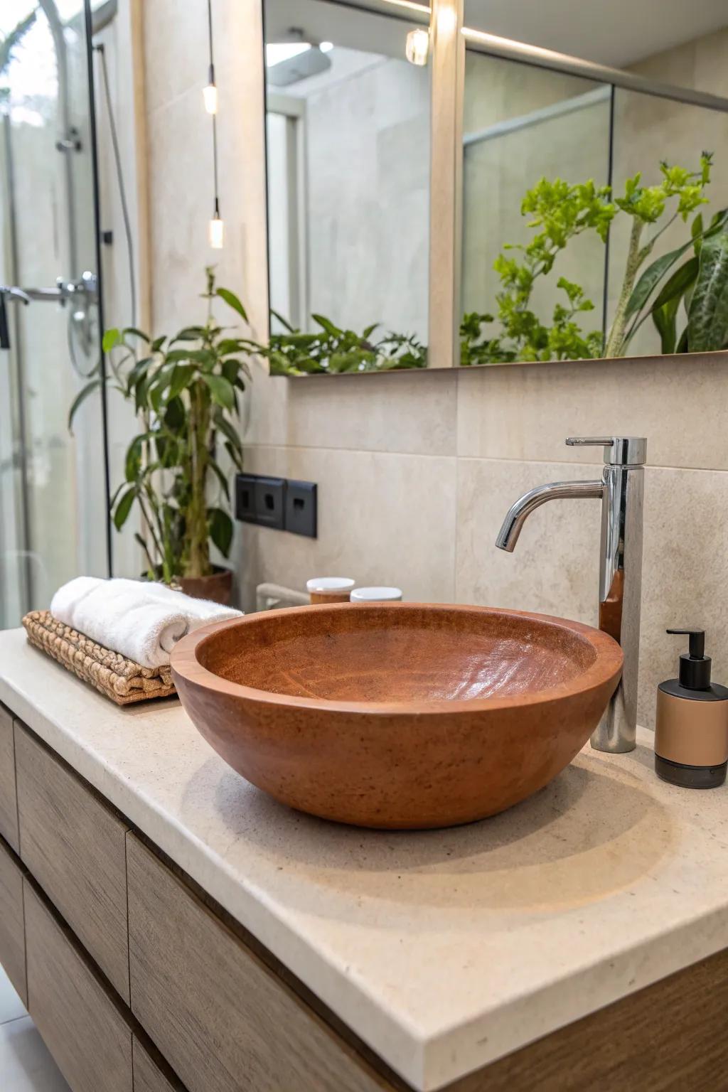 A striking terra cotta sink as the bathroom's focal point.