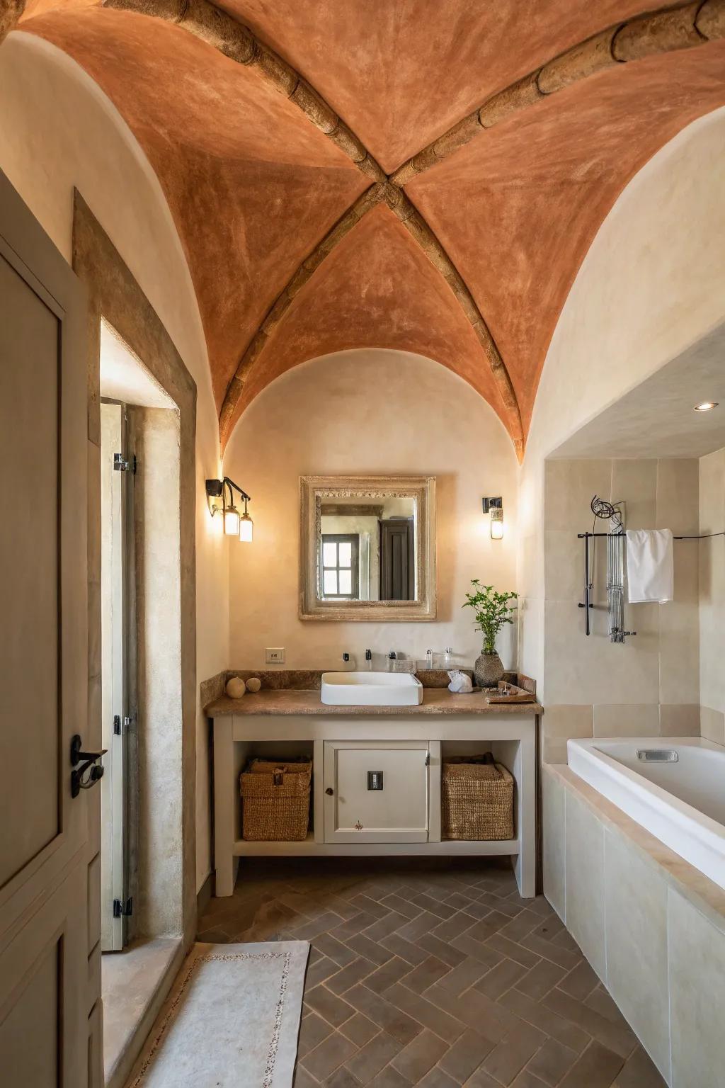 A bathroom ceiling painted in warm terra cotta tones.