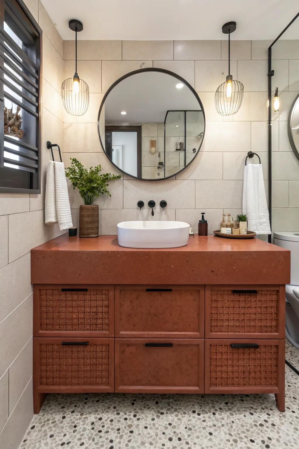 A terra cotta vanity as a distinctive bathroom centerpiece.