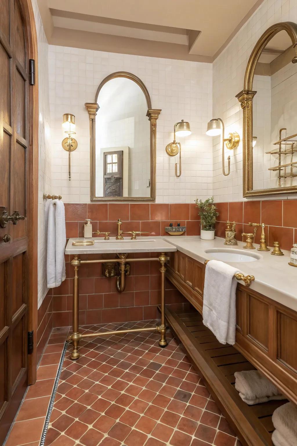 A bathroom featuring terra cotta paired with brass fixtures for a luxurious feel.