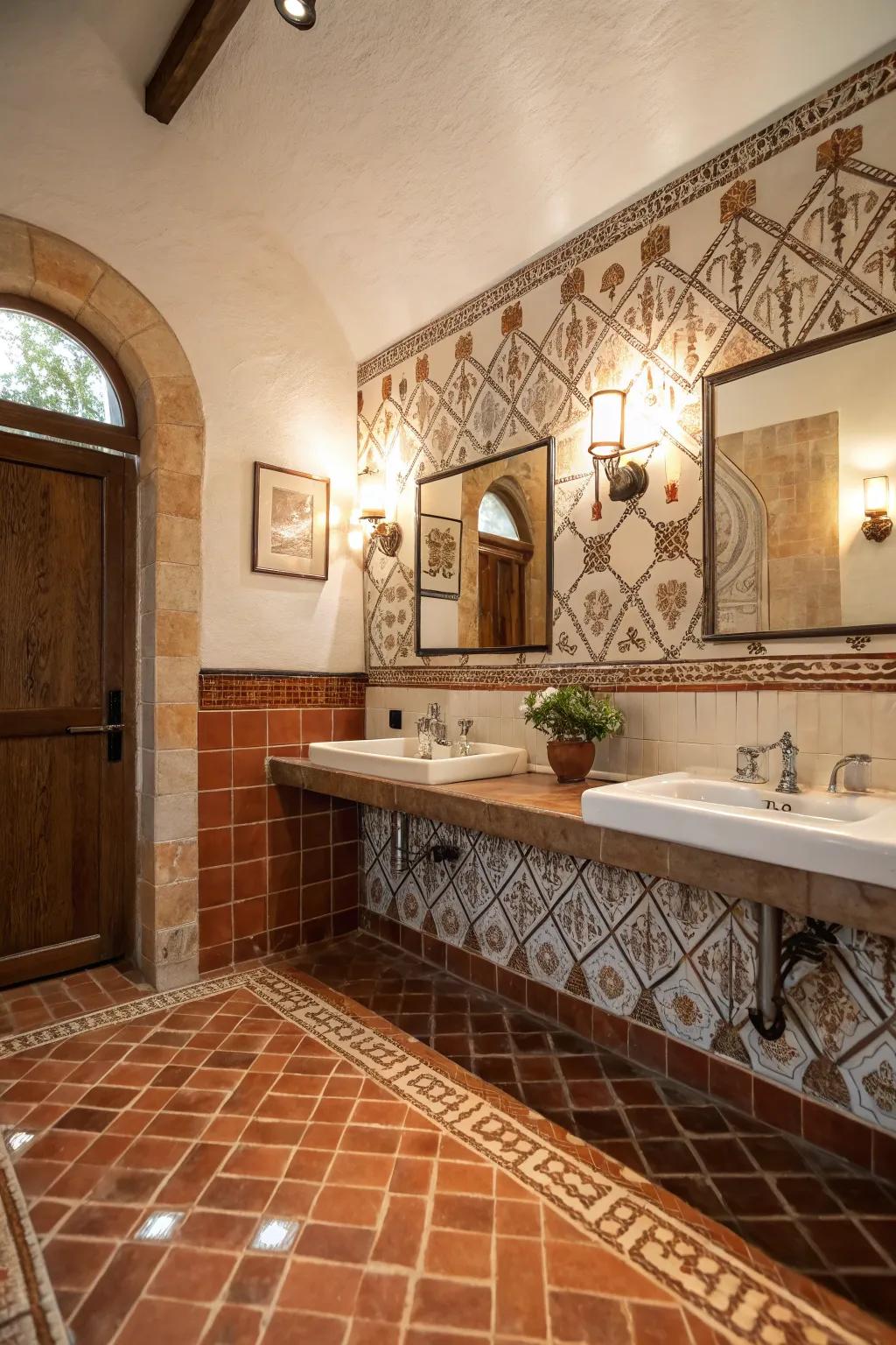 Creative terra cotta tile patterns adding character to a bathroom.
