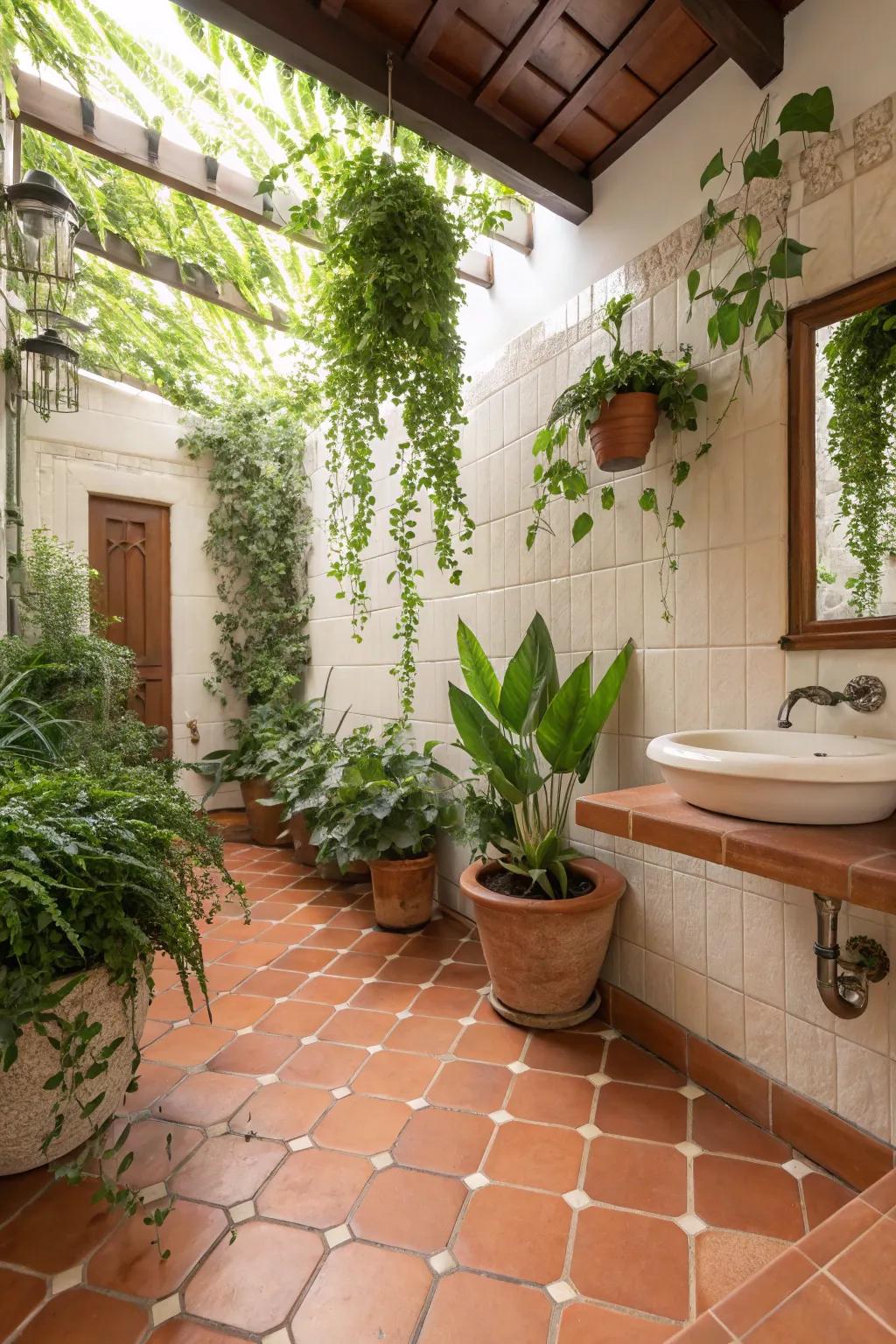 Lush plants paired with terra cotta accents in a bathroom.