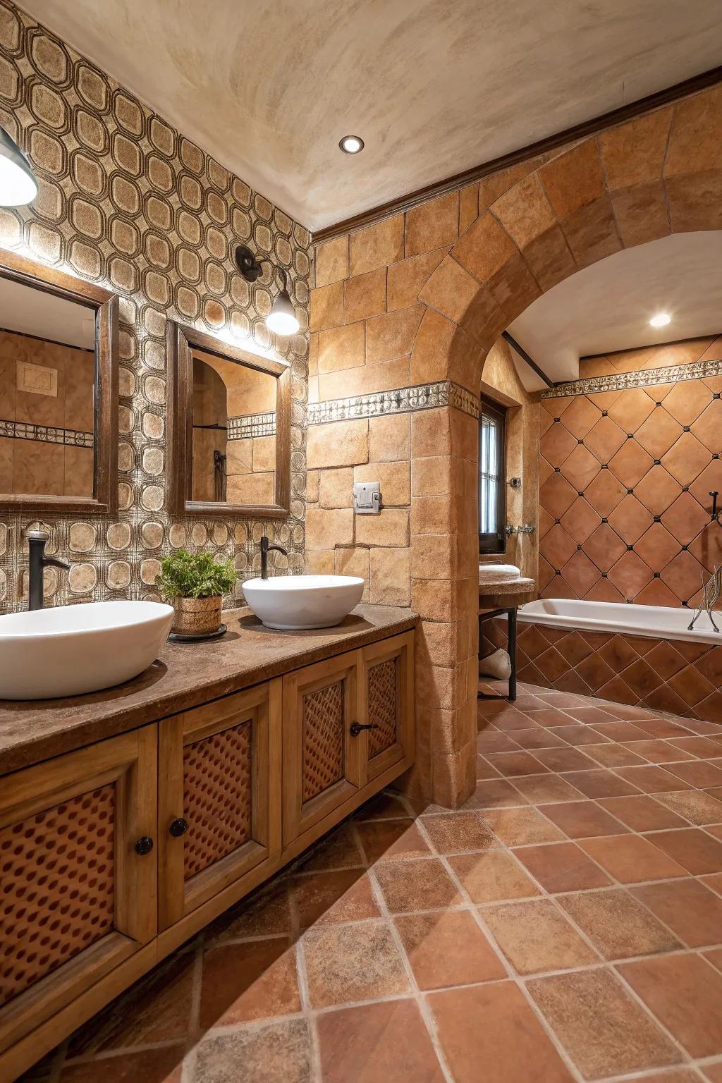 A bathroom showcasing layered terra cotta textures for a rich ambiance.