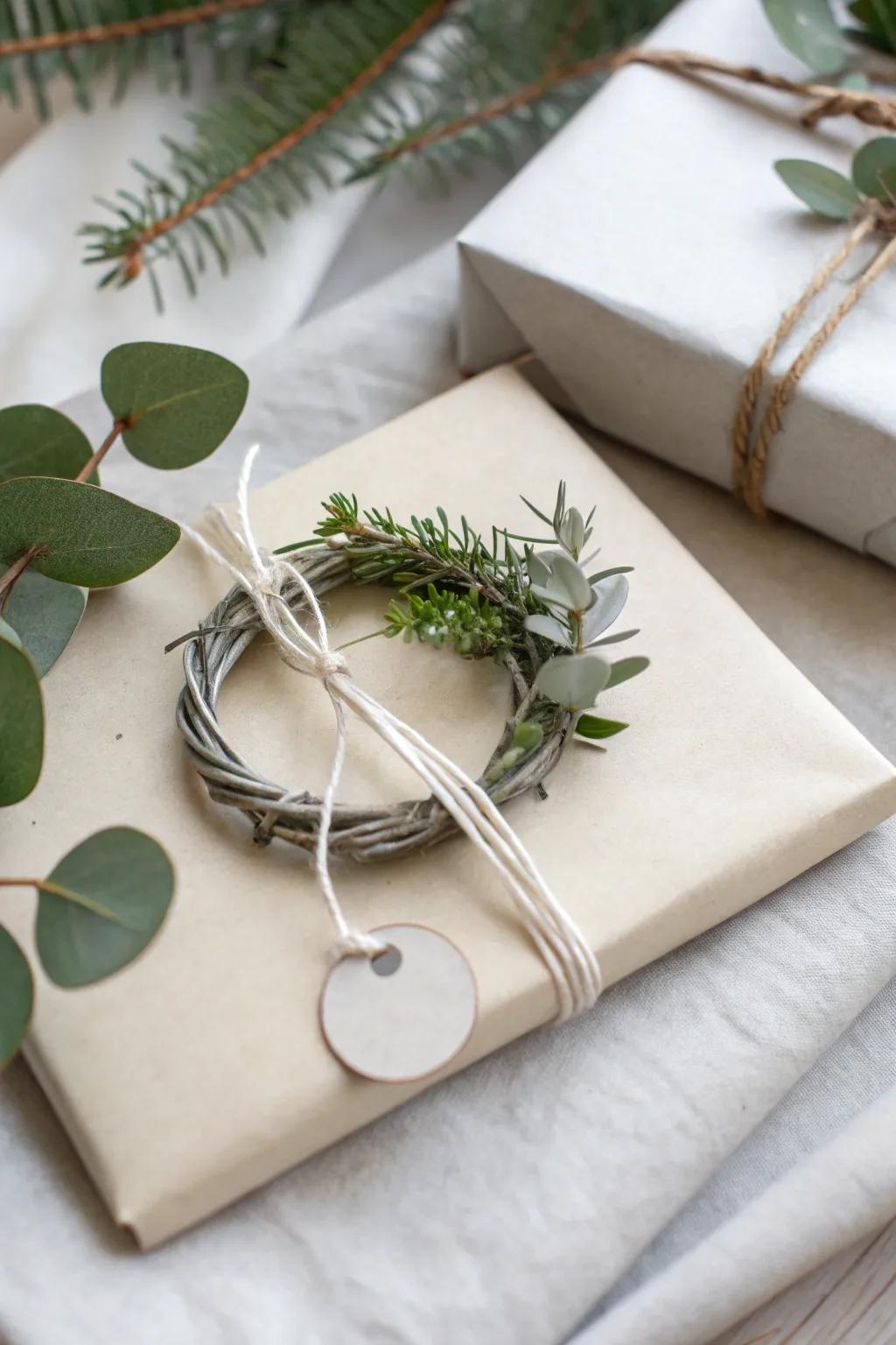 Add handcrafted charm with tiny wreath gift tags.