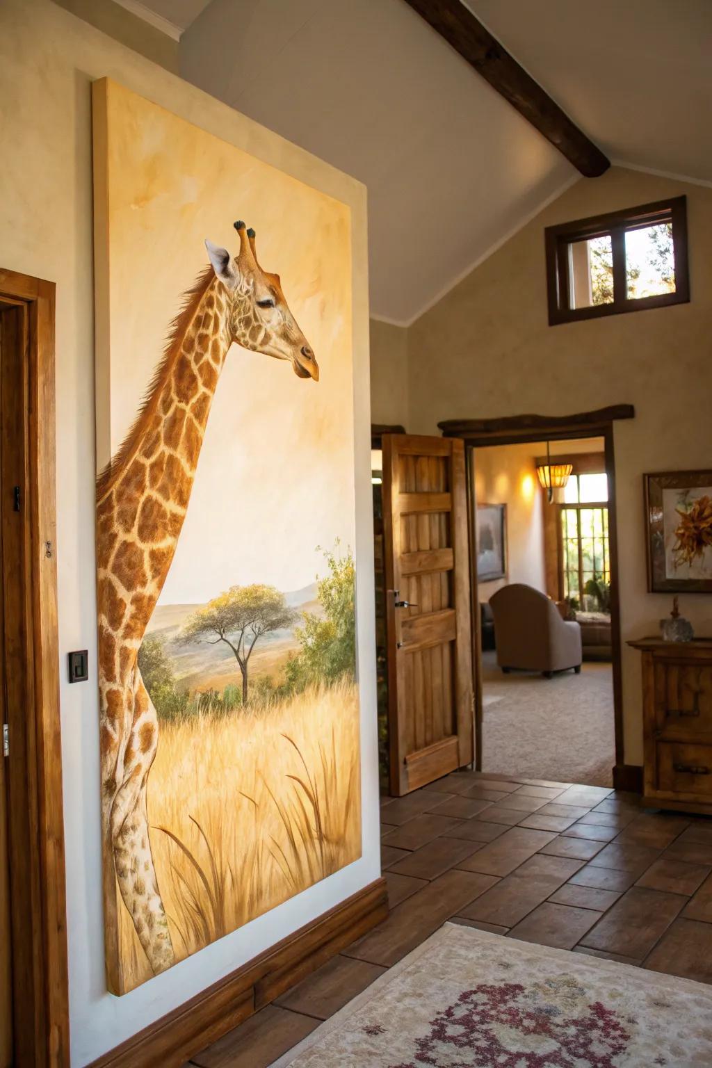 Elegant giraffe painting exuding warmth and charm.