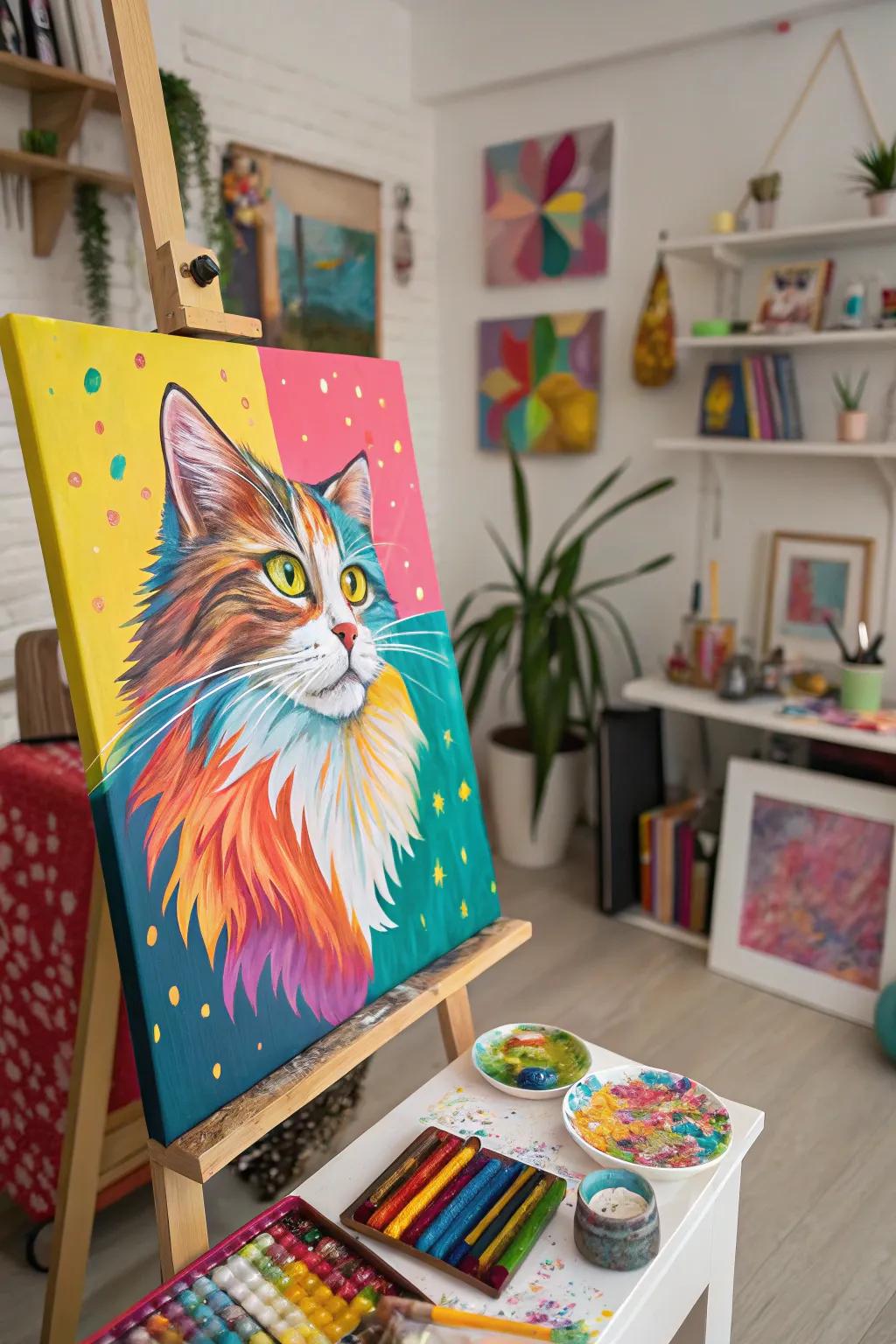 Vibrant cat painting adding playful energy to your space.