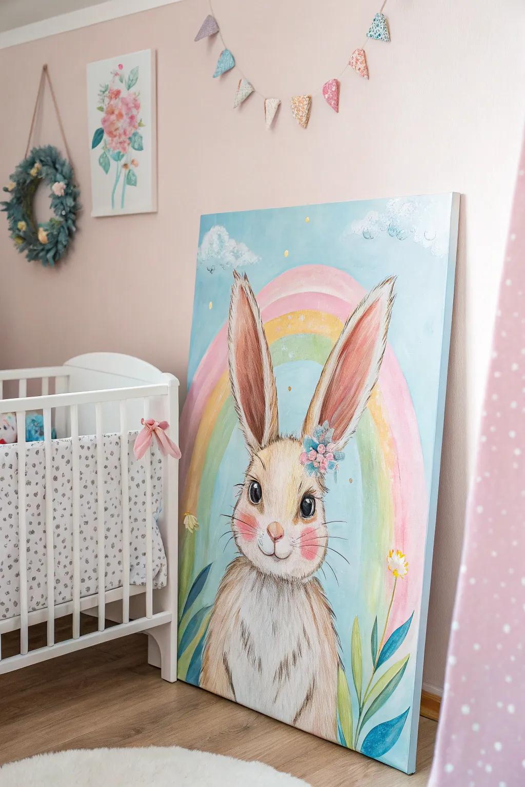 Charming rabbit painting radiating warmth and softness.