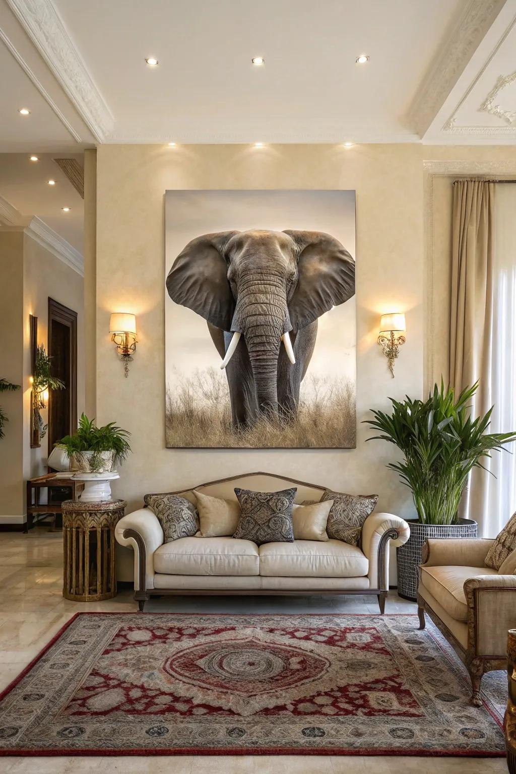 Majestic elephant painting highlighting expressive eyes.