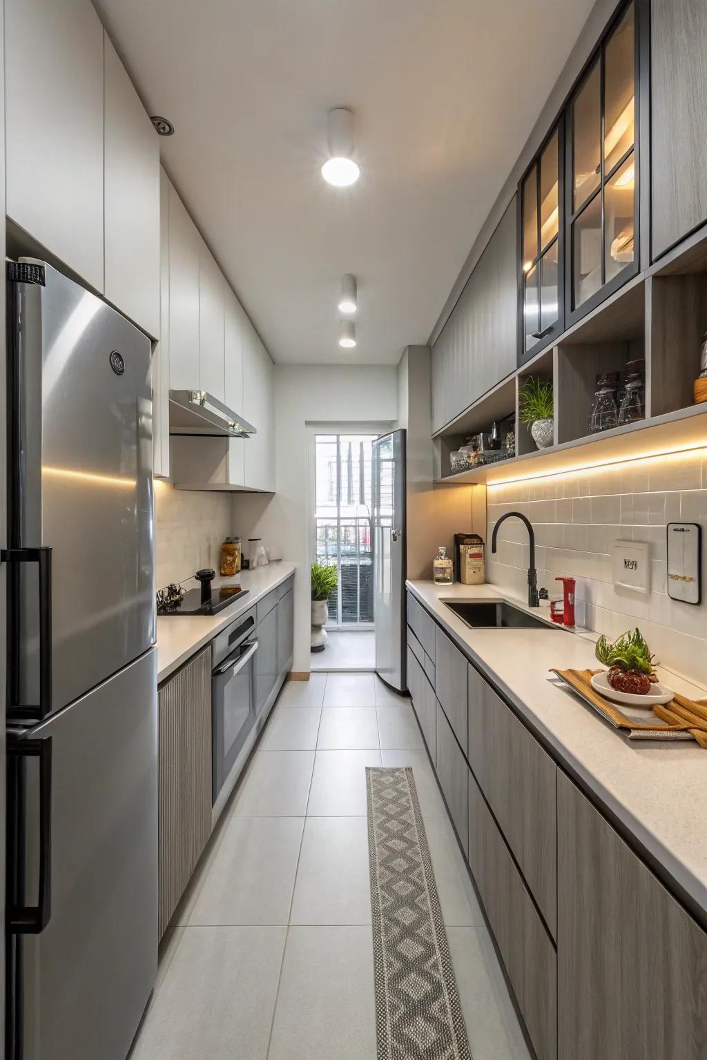 Efficient galley kitchen design in a narrow space.