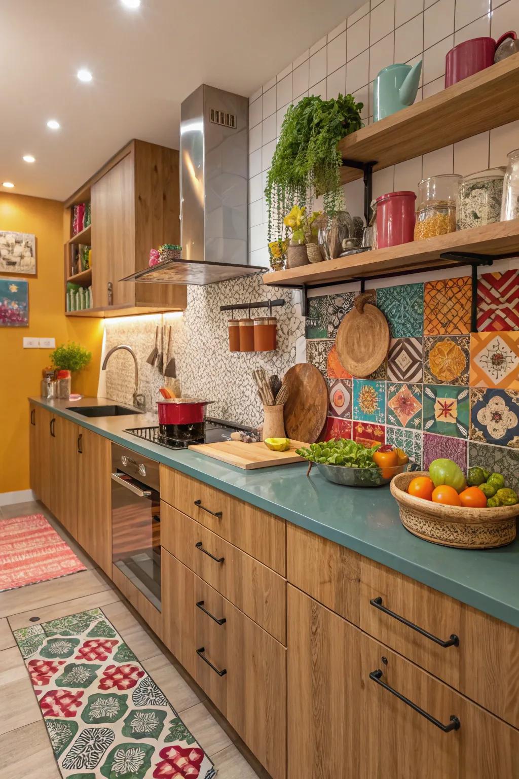 Kitchen showcasing vibrant colors and rich textures.