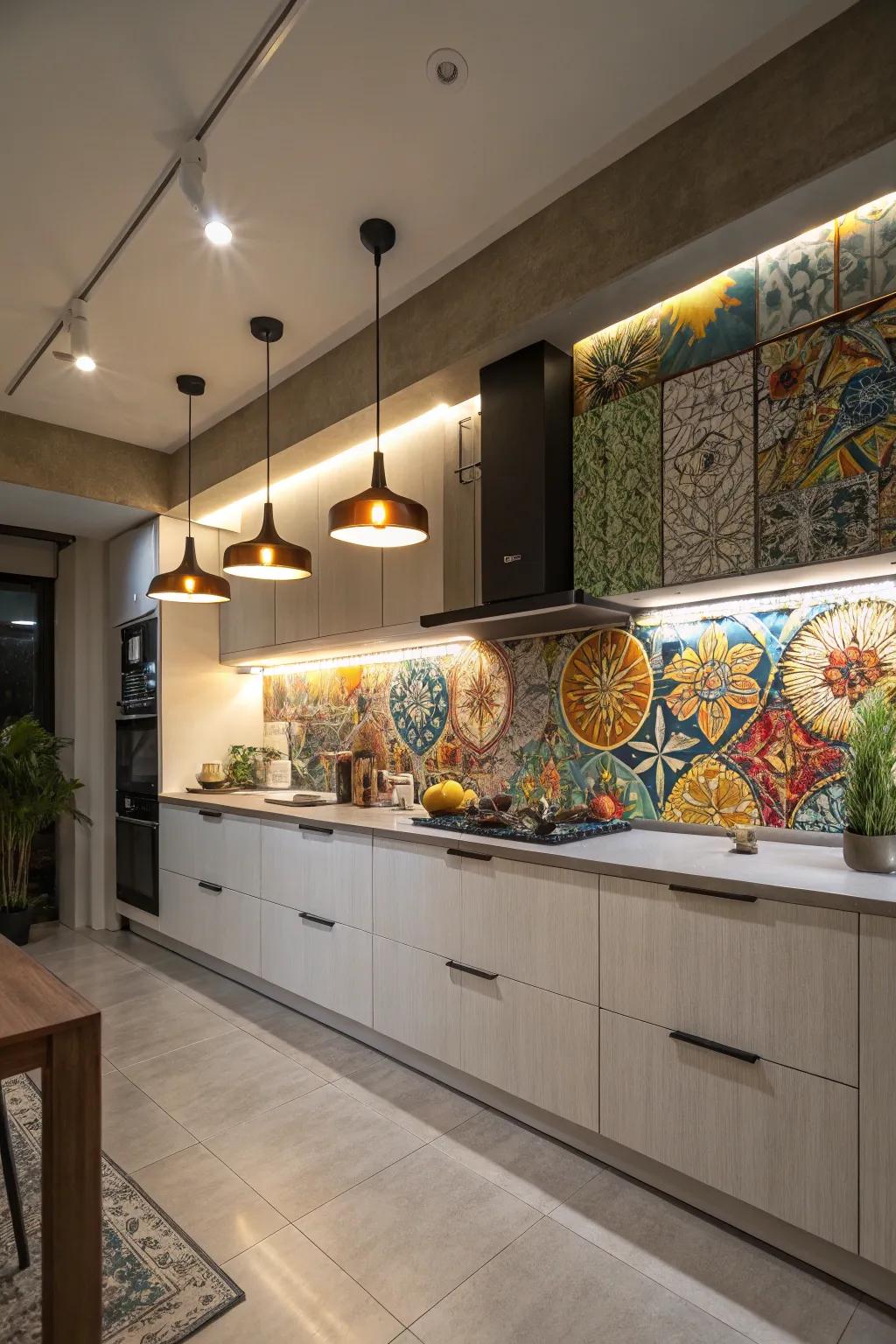 Kitchen featuring artistic lighting and decorative backsplash.