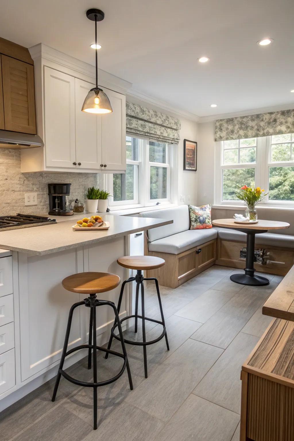 Kitchen with flexible seating options for various needs.