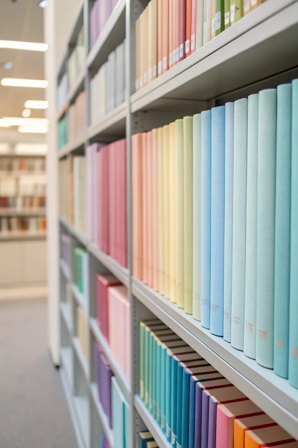 Books organized by pastel shades for a calming spring look.